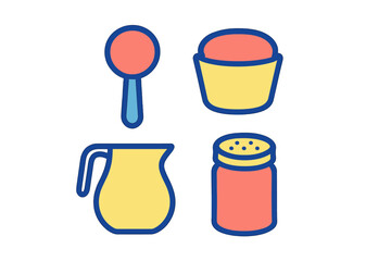 Set of essential baking ingredients and kitchen tools including measuring spoon, cup, pitcher, and shaker