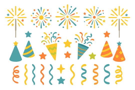 Brightly colored celebration elements including fireworks, party hats, confetti cannons, and streamers