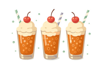 Three refreshing root beer floats topped with whipped cream and bright red cherries in tall glasses