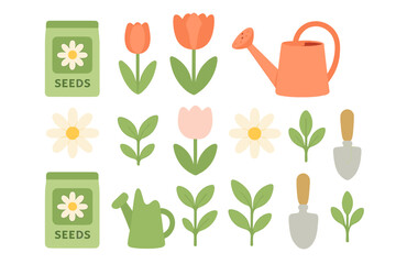 Naklejka premium Colorful spring gardening elements set including flowers, leaves, tools, and seed bags