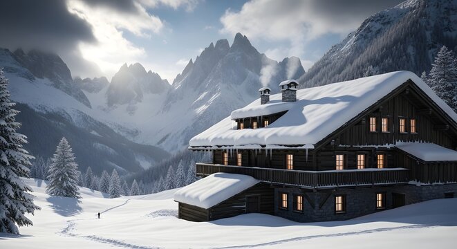 A snow-covered cabin nestled in a winter wonderland, with towering mountain peaks in the background and a lone figure.