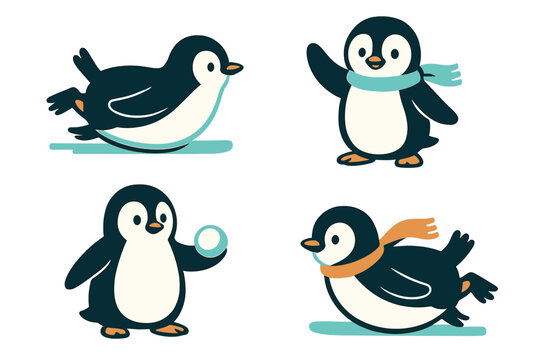Cute cartoon penguins set in winter poses sliding waving and holding snowball