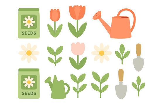 Colorful spring gardening elements set including flowers, leaves, tools, and seed bags