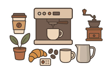 Modern coffee shop essentials set featuring espresso machine grinder and breakfast items