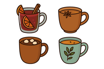Cozy hot drinks assortment for autumn and winter featuring cocoa, mulled wine, and spiced tea