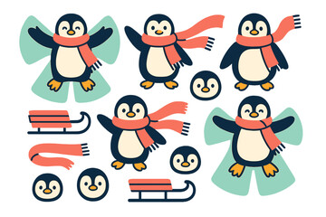 Cute cartoon penguins wearing red scarves making snow angels and playing with sleds