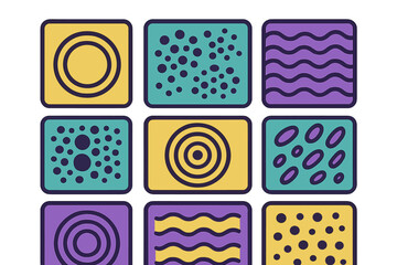 Abstract geometric patterns in a colorful grid layout featuring circles, dots, and wavy lines