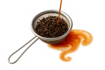 Loose leaf black tea brewing in a metal strainer with hot water pouring, creating an orange splash, transparent background
