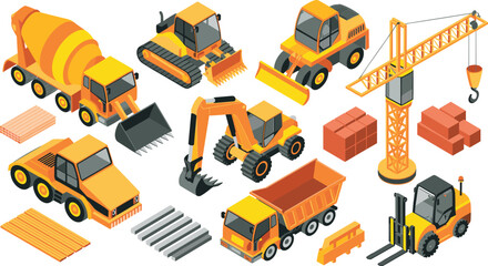 Isometric construction vehicles and equipment set with excavator forklift dump truck crane bulldozer cement mixer and building materials illustration © Md Nayim islam