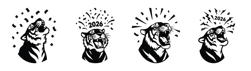 tiger laughing with confetti silhouette funny vector illustration