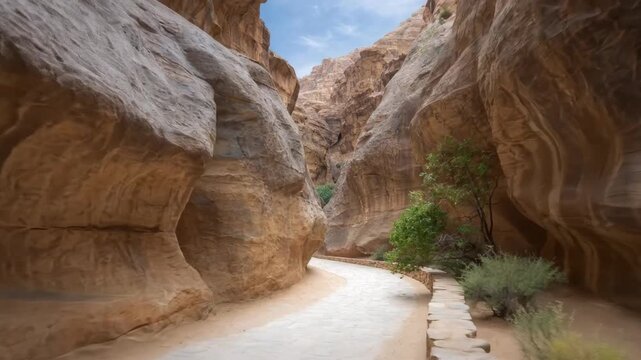 A breathtaking wide shot captures a narrow canyon passage, inviting viewers to embark on a journey through towering sandstone walls sculpted by millennia of natural erosion. A winding paved path guide