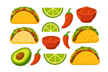 Traditional Mexican food collection featuring tacos, chili peppers, lime slices, avocado, and salsa bowls
