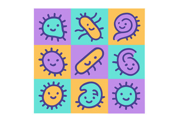Brightly colored grid display of various happy cartoon bacteria and microscopic germ characters