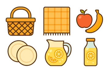 Summer picnic essentials set including basket, blanket, fruit, and lemonade drinks
