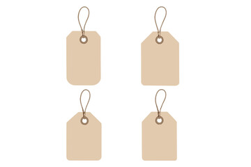 Four blank beige cardboard tags with string loops isolated on white background