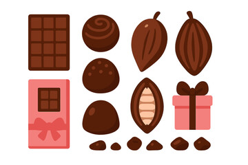 Assortment of chocolate products including truffles, cocoa pods, bar, and gift box elements