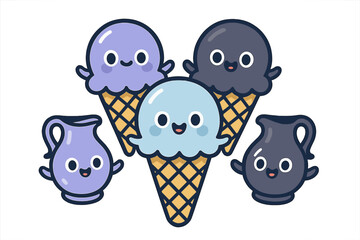 Cute cartoon ice cream cones and pitchers with happy faces standing together