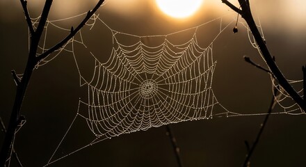 クモの巣 朝露 光 輝き 自然