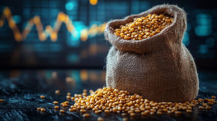 A burlap sack overflowing with grains, symbolizing agricultural productivity and economic growth, set against a blurred financial graph background