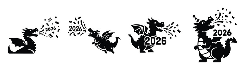 Fototapeta premium funny dragon blowing confetti silhouette funny vector illustration