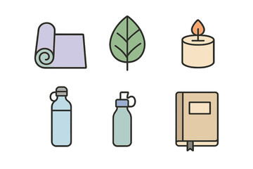 Collection of wellness and self-care icons including yoga mat leaf candle water bottles and journal