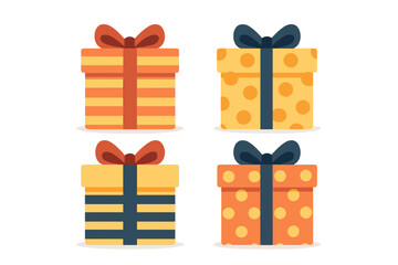 Four colorful wrapped presents with decorative ribbons and striped or polka dot patterns
