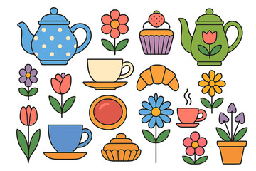 Colorful retro set of teapots, coffee cups, baked goods, and spring flowers