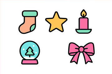 Colorful Christmas and winter holiday symbols set: stocking, star, candle, snow globe, and bow