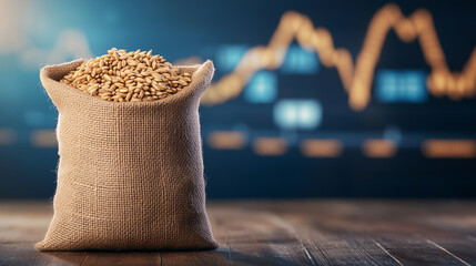 A burlap sack filled with grains, highlighting the significance of agriculture in the economy, alongside a digital chart indicating market trends
