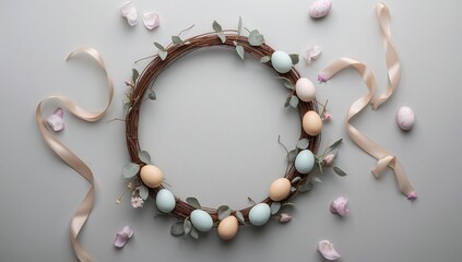 Spring Wreath Decoration With Pastel Colored Eggs and Ribbons on Light Background