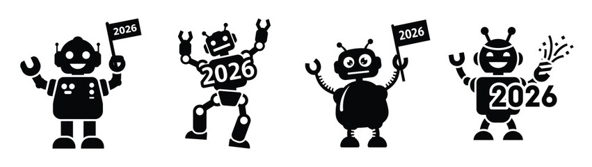 funny robot celebrating 2026 silhouette funny vector illustration
