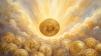 A radiant Bitcoin surrounded by a collection of coins, set against a dramatic sky, symbolizing abundance and the rise of cryptocurrency. Bitcoin Sunrise