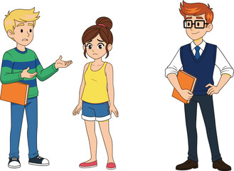 Cartoon Students and Teacher Discussing Education – School Characters with Folders, Classroom Communication Concept in Flat Vector Illustration Style