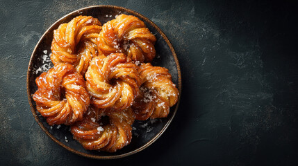 Delicious, freshly baked cinnamon rolls arranged on a plate, tempting viewers with their warm, inviting appearance