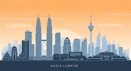 Obraz premium Kuala Lumpur Malaysia Urban Skyline Minimalist Vector Art Highlighting Simplified City Silhouette, Iconic Architecture, Panoramic Horizon, and Landmark Buildings for Travel and Tourism