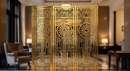 Elegant art deco style golden folding screen room divider with intricate ornamental patterns and soft ambient lighting in a luxurious interior setting