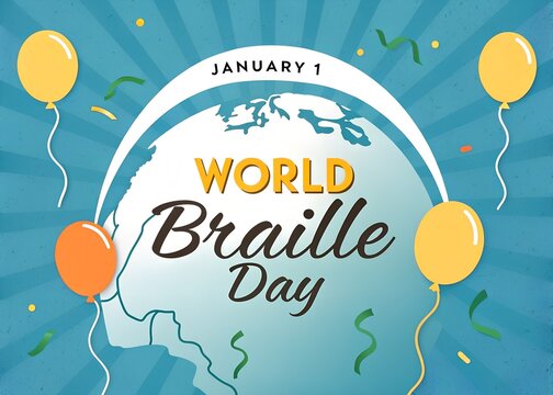 World braille day celebration with balloons and confetti