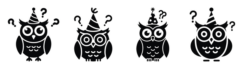 party hat confused owl silhouette funny vector illustration