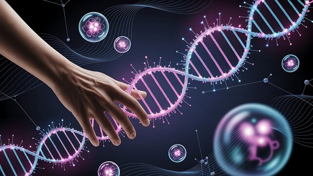Human hand reaching towards glowing dna helix molecules in digital science background