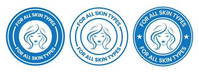 For all skin types label icon set. Face beauty women skin care packaging label for cream, toner, moisturizer, facial mask, lotion, logo, badge, symbol, black, line vector, isolated on white background