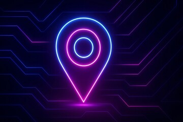 Neon glow map pointer sign, digital technology location icon, futuristic cyberspace concept, vibrant blue and magenta pink lines on dark background, tracking and connectivity symbol