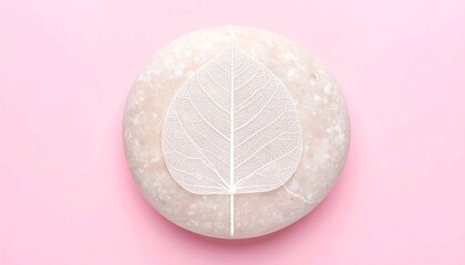 Elegant spa concept background, white skeletonized leaf on a smooth marble stone, serene minimalist composition, natural beauty and wellness, simple pink backdrop for relaxation and luxury skincare