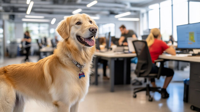 A friendly dog in a modern office setting with people working.