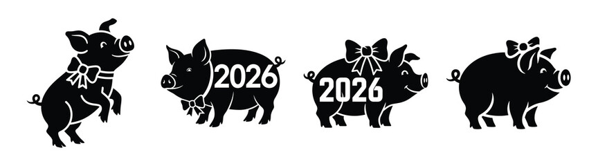 silly pig wearing bow silhouette funny vector illustration