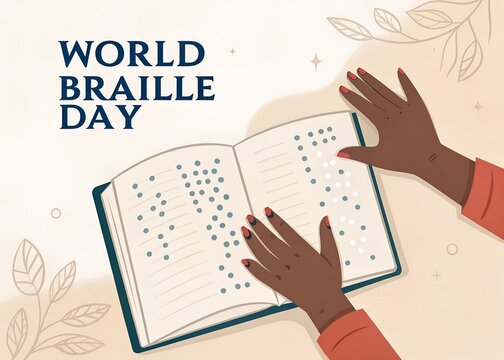 Hands reading a braille book celebrating world braille day