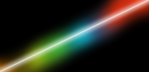 Abstract diagonal light beam with rainbow spectrum and vertical wave pattern on a black background