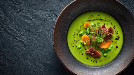 A top-down view of a delicious green pea soup in a rustic bowl, with a rich green hue, and complemented by a slate background
