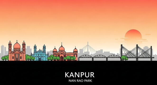 Kanpur Urban Skyline Minimalist Vector Art in India with Simplified City Silhouette, Iconic Architectural Features, Panoramic Horizon, and Vector Design for Creative Use