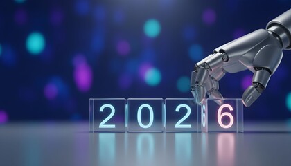 A robotic hand places a cube with the number 2026, symbolizing future technology.