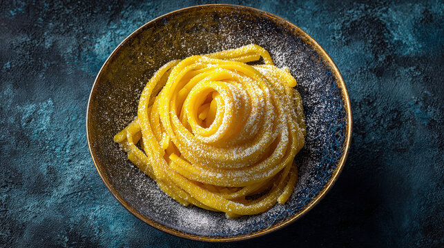 A plate of delicious pasta with a beautiful presentation, ready to be enjoyed. The pasta is perfectly cooked and seasoned, creating a delightful dining experience